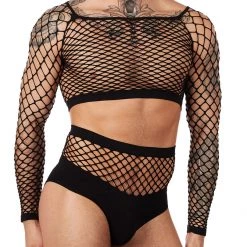 Leg Avenue Accesories Long Sleeve Fishnet Crop Top & High Waist Panty Set